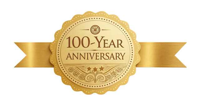 A golden 100year anniversary emblem with floral designs and a ribbon stands out against a clean transparent background