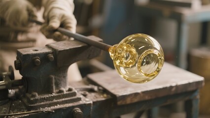 Craftsman shaping molten glass on a rod using a metal tool in a workshop setting.