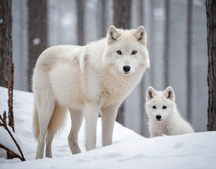 Obraz premium A beautiful portrait of a white arctic wolf on a snowy day in the forest. A white wolf in the trees.A white wolf in snow.