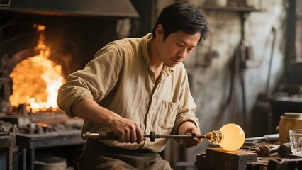 Craftsman shaping glass with a blowtorch in a workshop
