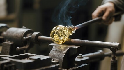 Craftsman working on a glowing, ornate metal piece using a heated tool in a workshop setting.