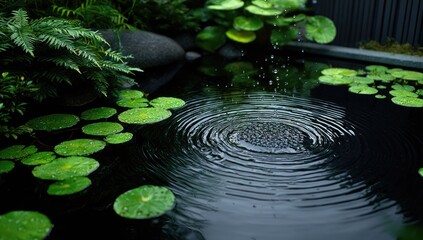 Naklejka premium Water ripples in a dark pond surrounded by lush greenery and stones