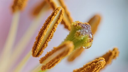Close-up of a flower's stamens with pollen grains and a water droplet on the stigma