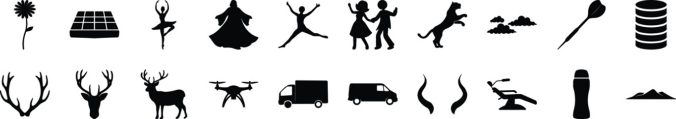 Silhouette Icon Collection – Nature, Dance, Animals, Transport & Tools - A high-quality collection of black silhouette icons on a white background, representing various themes such as nature 