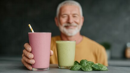 Elderly man skillfully blending fresh ingredients into vibrant smoothies in a cozy kitchen during afternoon preparation. Healthy Aging Month