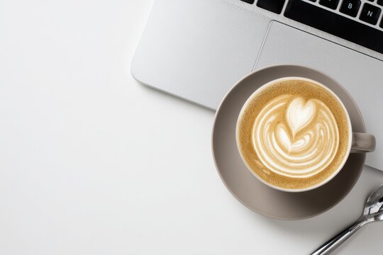 Latte art coffee on a laptop