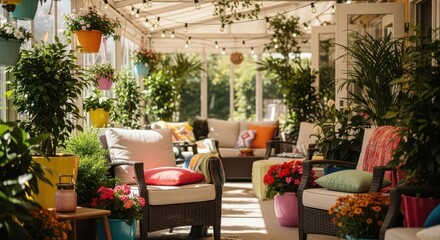 Bright Cozy Sunlit Indoor Garden Lounge with Colorful Potted Plants and Comfortable Seating