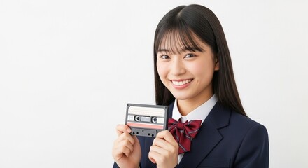 Fototapeta premium カセットテープを持って笑顔の昭和レトロな日本人女子高生