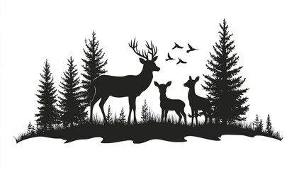 Deer family silhouette in a pine forest with birds flying above