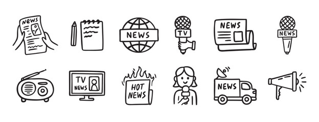 Set of hand drawn news media icons, TV journalism and press sketch style elements collection
