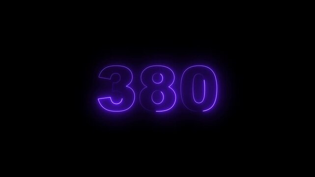 380 number neon bright blue color animation. black background 4k video.