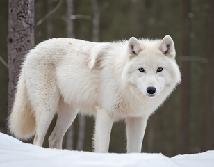Obraz premium A beautiful portrait of a white arctic wolf on a snowy day in the forest. A white wolf in the trees.