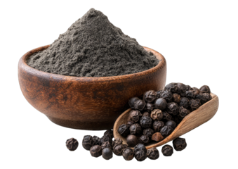 Ground black pepper in wooden bowl with whole peppercorns