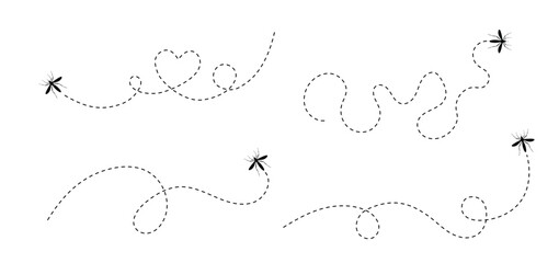 Mosquito flying on dotted route and heart. Bloodsucker insect. Vector illustrations set isolated on white background