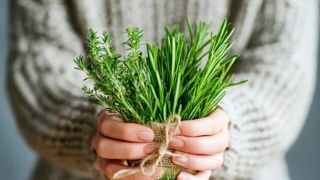 Fresh green herb bundle with rosemary and thyme held by hand for natural wellness, healthspan, and vitality boost cooking and life