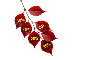 Autumn branch with vibrant red leaves displaying various yellow percentage discount numbers