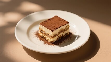 A slice of tiramisu dessert served on a white plate with cocoa powder dusting