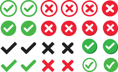 Check mark icons button set. yes or no checkmark sign. Check box icon with right and wrong buttons. green tick box and red cross symbol
