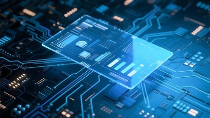 Advanced Circuit Board with Transparent Chip Overlay Displaying Data