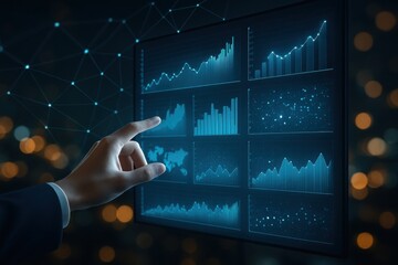 Hand pointing at glowing blue financial data charts on a digital screen