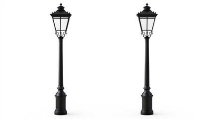 Two elegant black lamp posts stand tall against a white background showcasing their ornate details and classic design