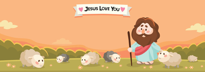 Cartoon Jesus Christ shepherding sheep on the grassland sunset Illustration Christianity and Catholicism banner