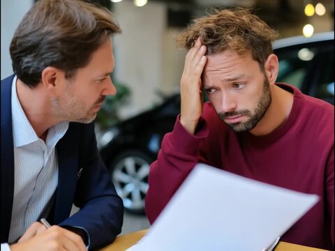 Frustration at the Dealership: Two individuals, engrossed in a stressful negotiation or agreement in a dealership, depicting the complexities of a challenging agreement.
