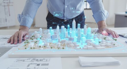 Architect or engineer reviewing holographic city model with digital data overlay