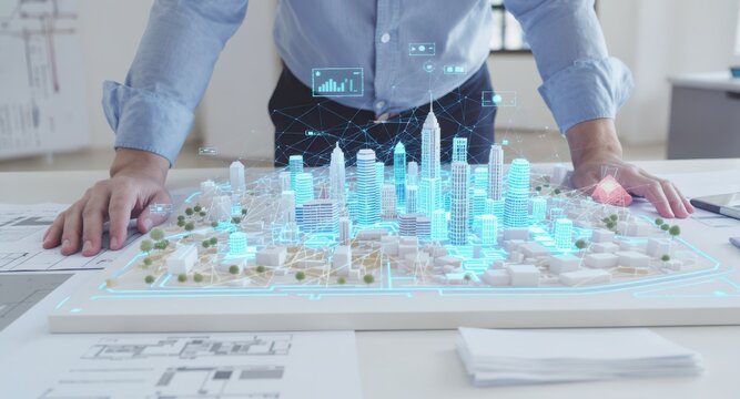 Architect or engineer reviewing holographic city model with digital data overlay