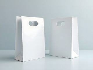 Two white paper shopping bags stand upright on a glossy surface against a light blue background.