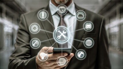 Businessman uses smartphone with digital service and maintenance icons network