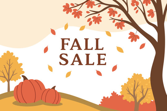 Autumnal fall sale announcement featuring pumpkins and falling leaves under a tree