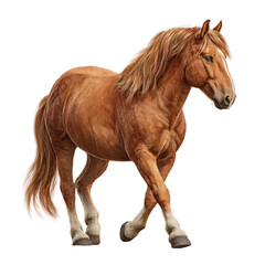 Obraz premium A reddish-brown draft horse in profile, walking. Its coat is thick and detailed. Mane and tail are flowing. White markings on hooves