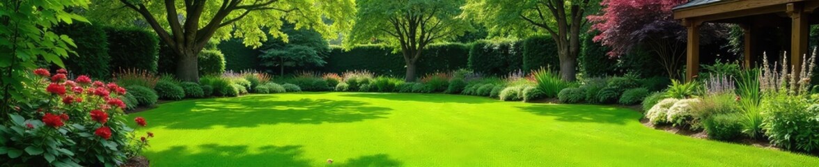 Obraz premium Serene backyard oasis featuring lush green lawn, vibrant flowerbeds, and mature trees creating a tranquil atmosphere Perfect for relaxation and outdoor enjoyment , deck, greenery