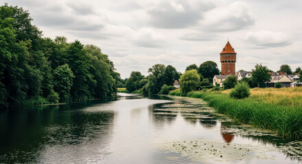 Obraz premium Peaceful river flowing through a lush green landscape with dense trees on one bank and houses with an old brick tower in the distance under a cloudy sky