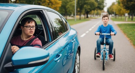 Young man with down syndrome driving blue car while person on bike rides nearby on tree lined street. Driver with disability navigating traffic safely. Inclusion and accessibility concept