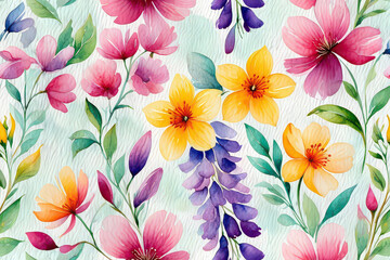 A beautiful seamless pattern of hand-painted watercolor flowers, a vibrant spring garden on a soft textured background.