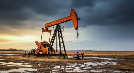 An oil pumpjack operating in a muddy field under a dramatic stormy sky with dark clouds and a hint of sunset on the horizon