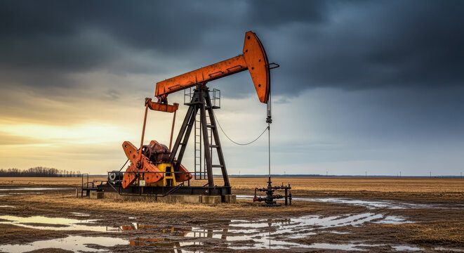 An oil pumpjack operating in a muddy field under a dramatic stormy sky with dark clouds and a hint of sunset on the horizon - Powered by Adobe
