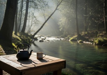 Tea Kettle and Mug on Wooden Table by Misty River in Forest.