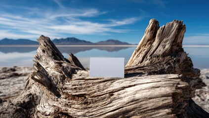 Fototapeta premium Blank business card on driftwood by a calm lake