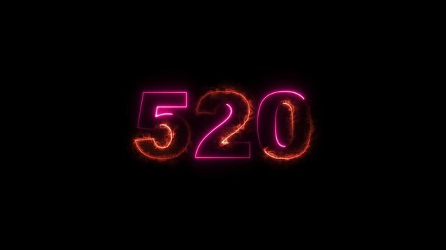 520 number neon bright magenta red color animation. black background 4k video.