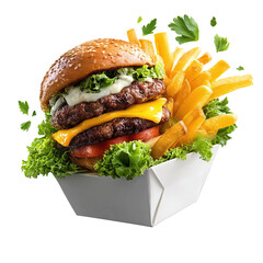 Juicy burger with cheese, fresh vegetables, and golden fries served in a takeout box at a casual dining spot