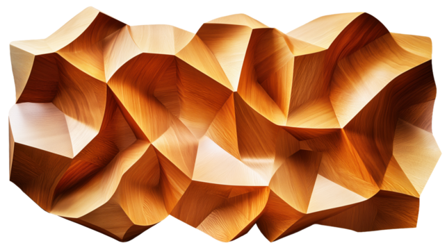 Geometric folded wooden panel with intricate, abstract design creates dynamic visual effect. warm tones and textures of wood add depth and interest to piece., isolated