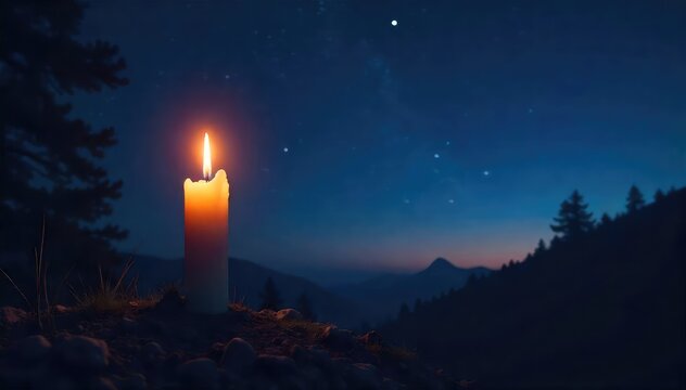 Silhouette of a single candle flickering against a dark night sky, stars twinkling, conveying a sense of hope and quiet reflection during the witching hour , wishes, calm