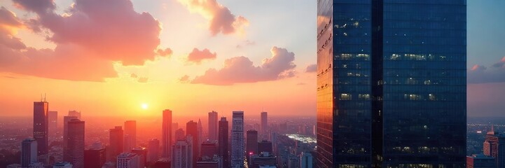 Fototapeta premium Sleek modern glass skyscraper reflecting the city skyline at sunset, symbolizing financial success and urban sophistication Perfect for illustrating financial district themes , economy, development