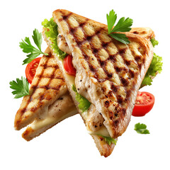 Delicious grilled sandwich stacked with chicken, cheese, and fresh vegetables ready to be enjoyed