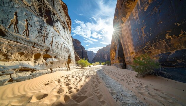 Sunlit desert canyon with ancient petroglyphs carved on rock walls and footprints in the sand.