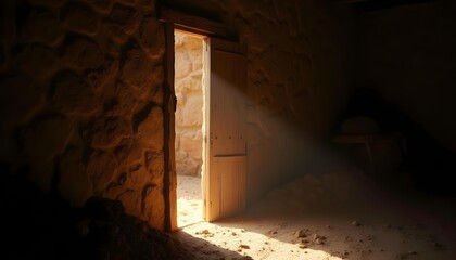 Mysterious and inviting scene of a rustic stable door ajar, with a brilliant, divine light pouring out into the darkness.

