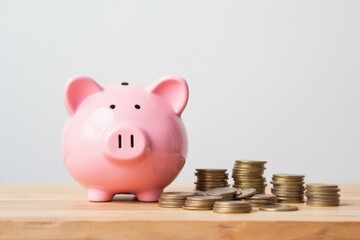 Pink piggy bank on wooden table, stack coins, clean white wall background. A pink piggy bank overflowing with coins is placed on a wooden table in pink cinematic style with copy space